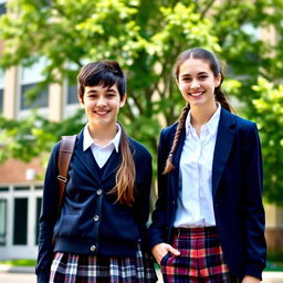 A scene featuring two teenagers, a boy and a girl, both wearing matching school uniforms