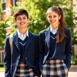 A scene featuring two teenagers, a boy and a girl, both wearing matching school uniforms