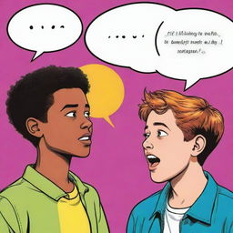 A comic-style image of two boys engaged in conversation, with speech bubbles illustrating their dialogue, set against a vibrant background.