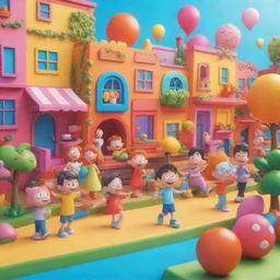 A colorful 3D cartoon scene with lively characters and vibrant surroundings