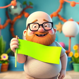 A 3D illustration of a chubby bald man with a beard, wearing glasses, holding a bright green chroma key flag in his hand