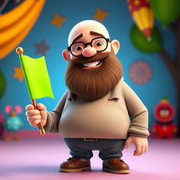 A 3D illustration of a chubby bald man with a beard, wearing glasses, holding a bright green chroma key flag in his hand