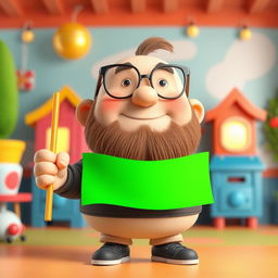 A 3D illustration of a chubby bald man with a beard, wearing glasses, holding a bright green chroma key flag in his hand