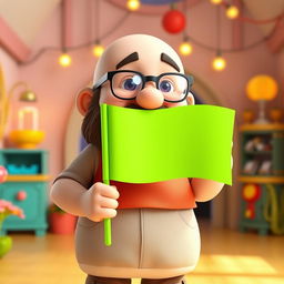 A 3D illustration of a chubby bald man with a beard, wearing glasses, holding a bright green chroma key flag in his hand