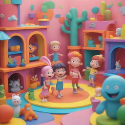 A colorful 3D cartoon scene with lively characters and vibrant surroundings