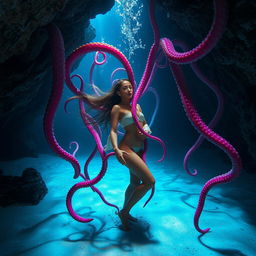 A stunning scene on a sandy beach within a mysterious underwater cave, featuring a beautiful woman with flowing hair, her body gracefully posed as she is gently entangled by vibrant, colorful tentacles that slither over her