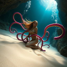 A stunning scene on a sandy beach within a mysterious underwater cave, featuring a beautiful woman with flowing hair, her body gracefully posed as she is gently entangled by vibrant, colorful tentacles that slither over her