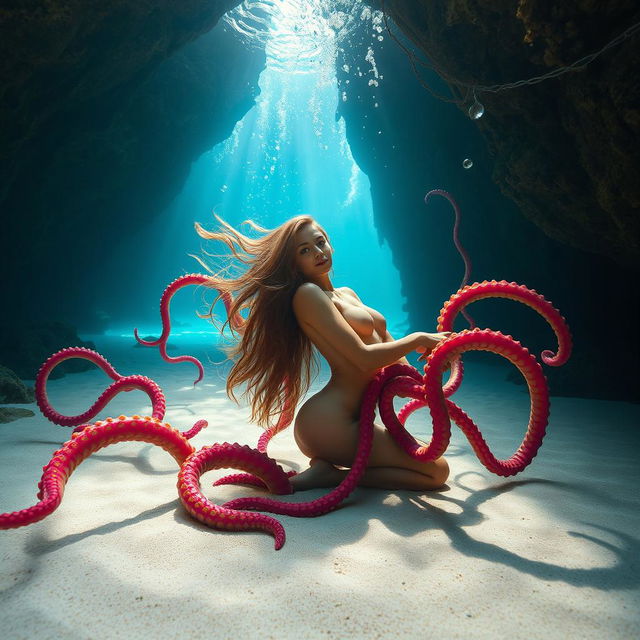 A stunning scene on a sandy beach within a mysterious underwater cave, featuring a beautiful woman with flowing hair, her body gracefully posed as she is gently entangled by vibrant, colorful tentacles that slither over her