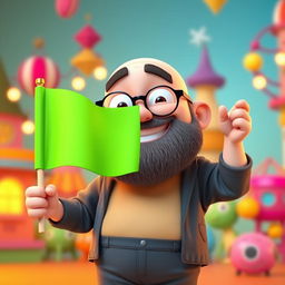 A 3D illustration of a chubby bald man with a beard, wearing glasses, joyfully holding a bright green chroma key flag in his hand