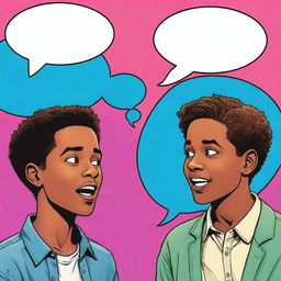 A comic-style image of two boys engaged in conversation, with speech bubbles illustrating their dialogue, set against a vibrant background.