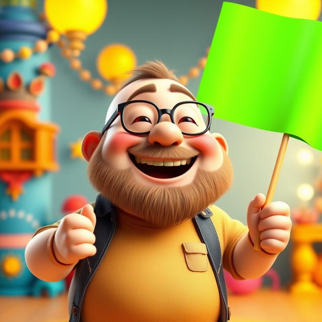 A 3D illustration of a chubby bald man with a beard, wearing glasses, joyfully holding a bright green chroma key flag in his hand