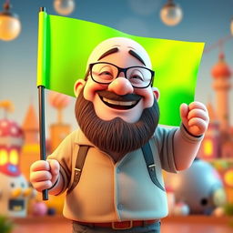 A 3D illustration of a chubby bald man with a beard, wearing glasses, joyfully holding a bright green chroma key flag in his hand