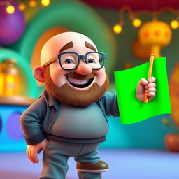 A 3D illustration of a chubby bald man with a beard, wearing glasses, joyfully holding a bright green chroma key flag in his hand