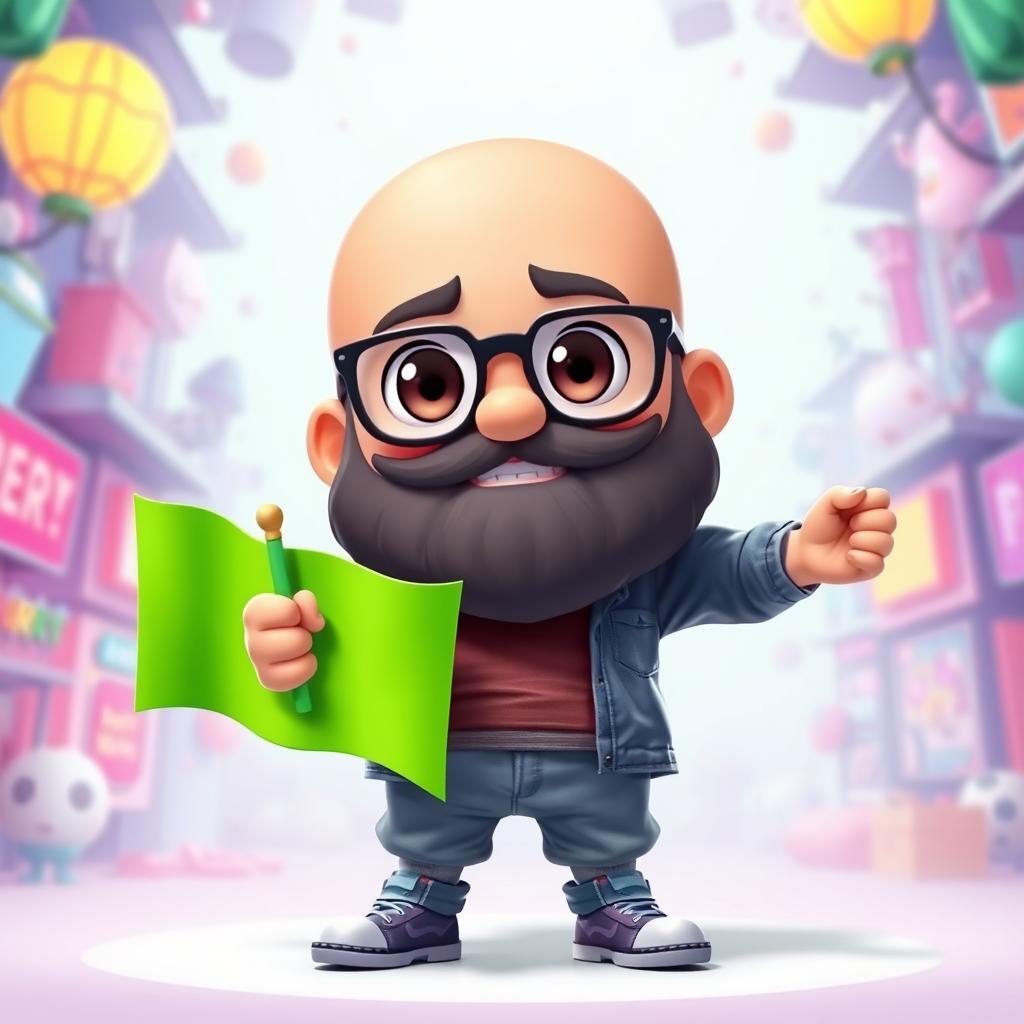 A 3D illustration of a chubby bald man with a beard, wearing glasses, holding a bright green chroma key flag in his hand