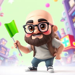 A 3D illustration of a chubby bald man with a beard, wearing glasses, holding a bright green chroma key flag in his hand