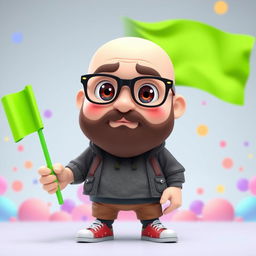 A 3D illustration of a chubby bald man with a beard, wearing glasses, holding a bright green chroma key flag in his hand