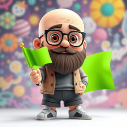 A 3D illustration of a chubby bald man with a beard, wearing glasses, holding a bright green chroma key flag in his hand