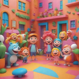 A colorful 3D cartoon scene with lively characters and vibrant surroundings