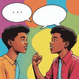 A comic-style image of two boys engaged in conversation, with speech bubbles illustrating their dialogue, set against a vibrant background.