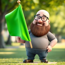 A 3D illustration of a chubby bald man with a beard wearing glasses, holding a bright green chroma flag, depicted in a realistic 3D style