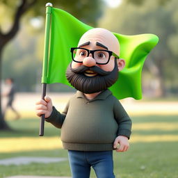 A 3D illustration of a chubby bald man with a beard wearing glasses, holding a bright green chroma flag, depicted in a realistic 3D style