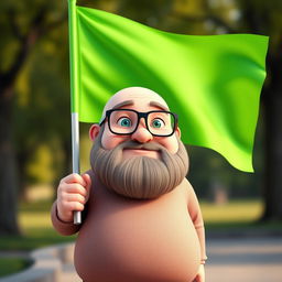 A 3D illustration of a chubby bald man with a beard wearing glasses, holding a bright green chroma flag, depicted in a realistic 3D style