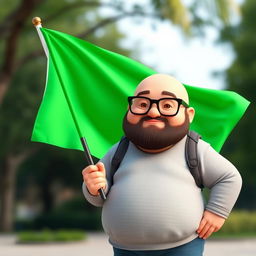 A 3D illustration of a chubby bald man with a beard wearing glasses, holding a bright green chroma flag, depicted in a realistic 3D style