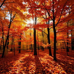 A breathtaking autumn scene inside a vibrant forest, where trees showcase their stunning fall foliage in shades of orange, red, and yellow