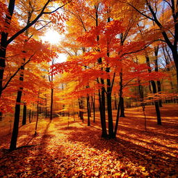 A breathtaking autumn scene inside a vibrant forest, where trees showcase their stunning fall foliage in shades of orange, red, and yellow