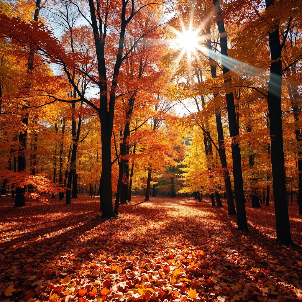 A breathtaking autumn scene inside a vibrant forest, where trees showcase their stunning fall foliage in shades of orange, red, and yellow