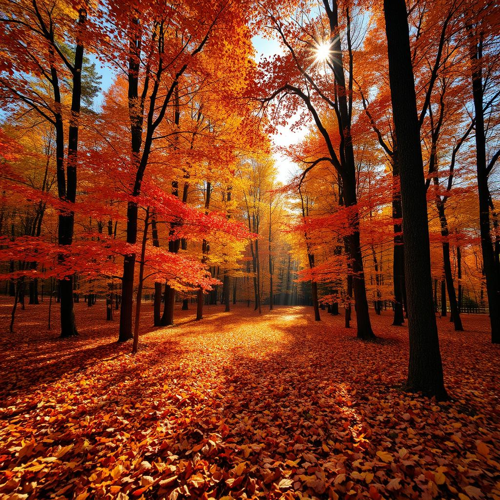 A breathtaking autumn scene inside a vibrant forest, where trees showcase their stunning fall foliage in shades of orange, red, and yellow