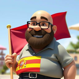 A 3D realistic illustration of a chubby, bald man with a beard wearing glasses, holding a flag of the Spanish Republic