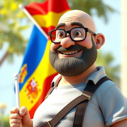 A 3D realistic illustration of a chubby, bald man with a beard wearing glasses, holding a flag of the Spanish Republic