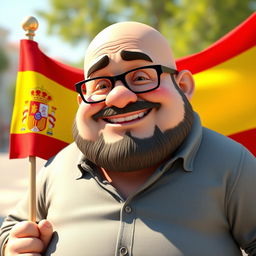 A 3D realistic illustration of a chubby, bald man with a beard wearing glasses, holding a flag of the Spanish Republic