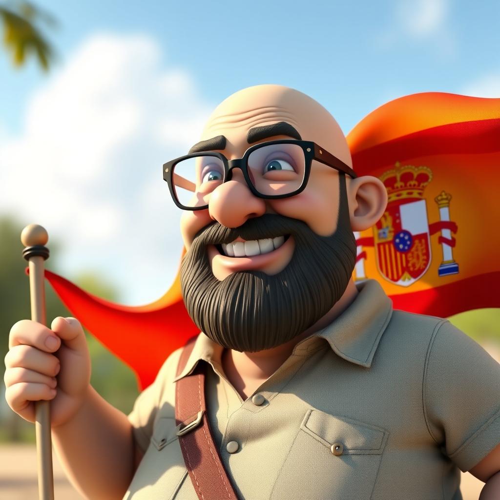 A 3D realistic illustration of a chubby, bald man with a beard wearing glasses, holding a flag of the Spanish Republic