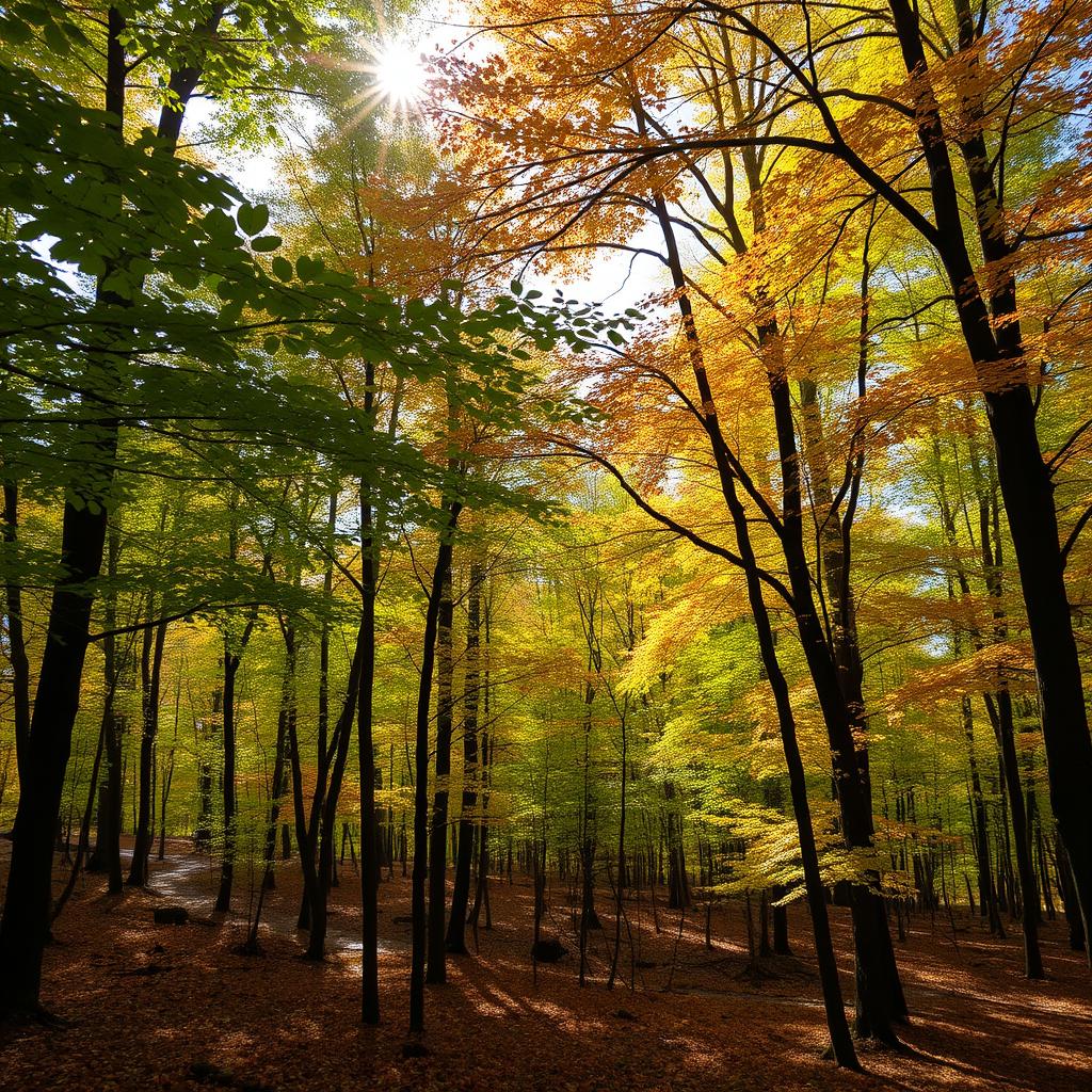 A picturesque early autumn scene inside a tranquil forest, where the first hints of fall are starting to appear