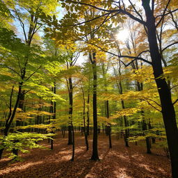 A picturesque early autumn scene inside a tranquil forest, where the first hints of fall are starting to appear