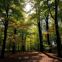 A picturesque early autumn scene inside a tranquil forest, where the first hints of fall are starting to appear