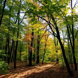 A picturesque early autumn scene inside a tranquil forest, where the first hints of fall are starting to appear