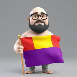 A realistically styled 3D illustration of a chubby bald man with a beard wearing glasses