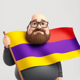 A realistically styled 3D illustration of a chubby bald man with a beard wearing glasses