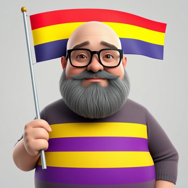 A realistically styled 3D illustration of a chubby bald man with a beard wearing glasses