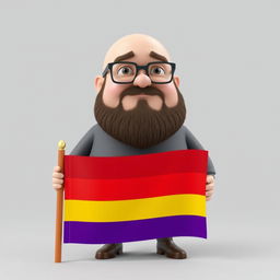 A realistically styled 3D illustration of a chubby bald man with a beard wearing glasses