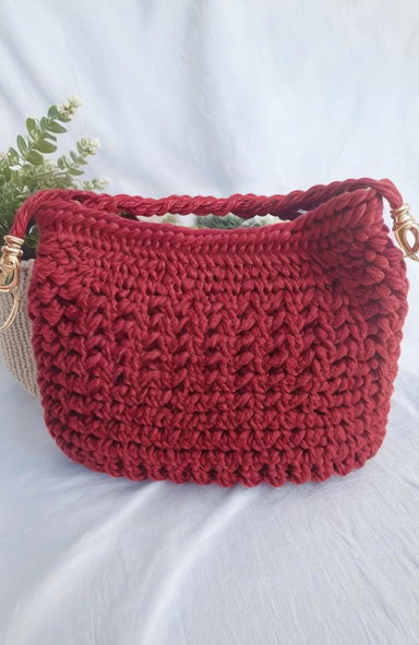 Crochet Inscribed Red Clutch Bag with Removable Strap
