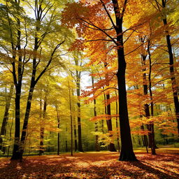 A stunning early autumn scene inside a serene forest, where the leaves are beginning to change color from vibrant green to warm shades of yellow, orange, and red