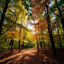 A stunning early autumn scene inside a serene forest, where the leaves are beginning to change color from vibrant green to warm shades of yellow, orange, and red