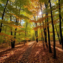 A stunning early autumn scene inside a serene forest, where the leaves are beginning to change color from vibrant green to warm shades of yellow, orange, and red