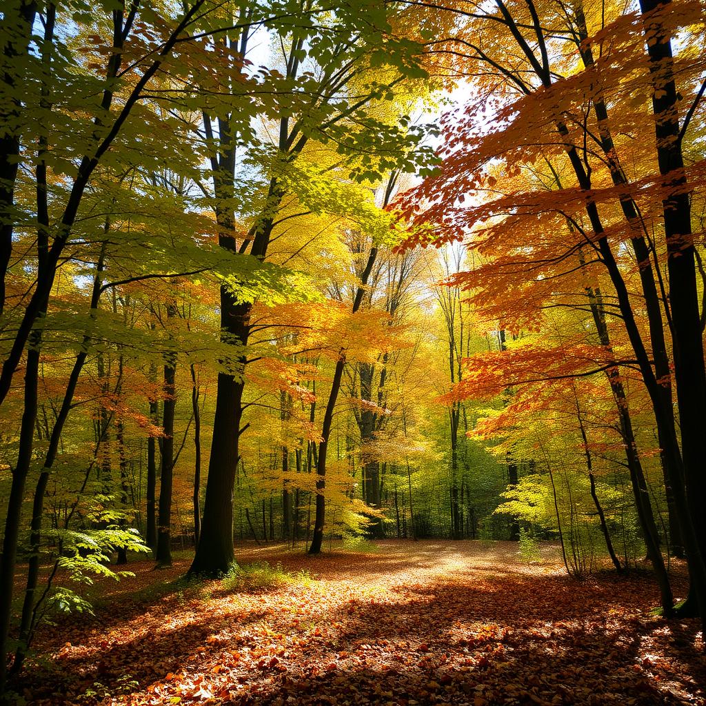 A stunning early autumn scene inside a serene forest, where the leaves are beginning to change color from vibrant green to warm shades of yellow, orange, and red