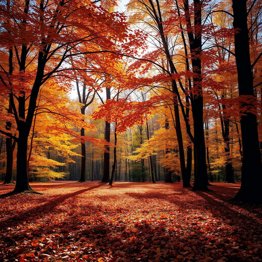 A beautiful autumn forest landscape at the start of the fall season, where trees are adorned with vibrant hues of orange, red, and yellow leaves