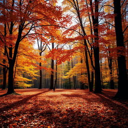 A beautiful autumn forest landscape at the start of the fall season, where trees are adorned with vibrant hues of orange, red, and yellow leaves